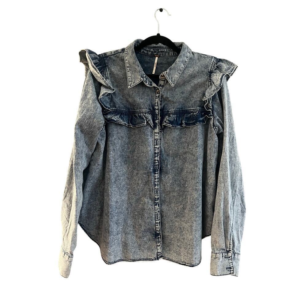 Free People Samantha Ruffle Denim Long Sleeved Button Up Shirt-Large